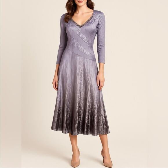 Komarov NWT XL purple chiffon midi dress black ombre 3/4 sleeve pleated MOB fall - Picture 11 of 11